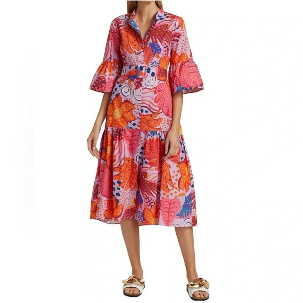 FARM RIO Botanical Print Belted Mid Dress Large - Picture 1 of 8
